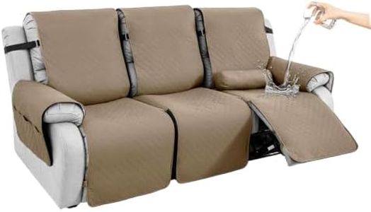 Hiiksolo Waterproof Recliner Chair Cover with Lumbar Roll Pillow, Recliner Cover Non-Slip Storage Pockets FurnitureProtecto Dogs (Dark Gray, 22") (Khaki, 3 Seater)
