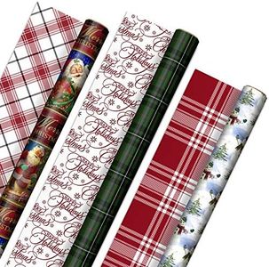 Hallmark Reversible Christmas Wrapping Paper (3 Rolls: 120 sq. ft. TTL) Vintage Santa, Snowmen, Traditional Green, Red and White Plaids