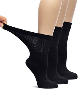 Hugh Ugoli Women's Bamboo Loose Fit Diabetic Crew Socks, Seamless Toe & Non-Binding Top for Swollen Feet, Soft, Extra Wide and Stretchy, 3 Pairs, Black, Shoe Size: 6-9