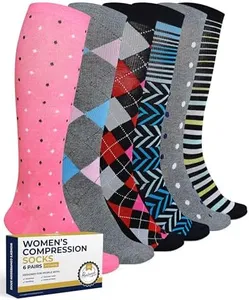 Pembrook Light Compression Socks for Women - 6 Pairs | 8-15 mmHg Compression Socks Women | Polkadots, Polkadots, Argyle, Striped Compression Socks Women | Cotton Compression Socks for Women