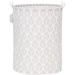 Sea Team 19.7 Inch Large Sized Waterproof Coating Ramie Cotton Fabric Folding Laundry Hamper Bucket Cylindric Burlap Canvas Storage Basket with Stylish Bud Grey Design