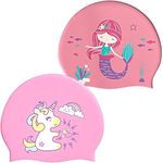 El Regalo 2 PCs Kids Swimming Caps Set- Silicone Swimming Hat for Girls Boys Waterproof Bathing Caps for Long & Short Hair with Unicorn, Astronaut, Heart, Fairy Mermaid (Unicorn & Fairy Mermaid)