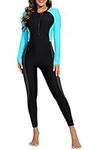 ALLTOKE Women's One Piece Zip Front Rash Guard Swimsuit Full Body Long Sleeve Long Pants Built in Bra UPF 50+ Surf Swimwear, Light Blue+black+gray, Medium