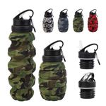 KUNHANG Collapsible Travel Water Bottle, Reuseable Silicone Foldable Water Bottles for Gym Camping Hiking, Portable Leak Proof Sports Water Army camouflage Bottle with grenade Carabiner (Green)