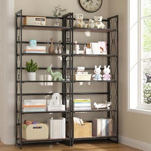 VECELO Bookshelf,5 Shelf Folding Bookcase No Assembly, Industrial Metal Frame Shelves Rack Organizer for Living Room, Office,Light Walnut 2 Set