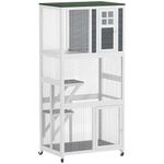 PawHut Wooden Catio, Indoor Outdoor Cat Enclosure with Weatherproof Asphalt Roof, Platforms and Brake Wheels for Multiple Cats, 92 x 65W x 189 cm, White