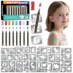 Temporary Tattoo Markers for Kids, 8 Metallic Markers and 135+ Temporary Tattoo Stencils for Christmas Party Favor, Cosmetic Tattoos Pens for Skin, Cartoon Animal