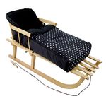 Rawstyle combo pack (90 cm) wooden sledge with back rest and pull cord and universal footmuff, suitable for baby car seat, pushchair, buggy, Schwarz + Punkte Weiß