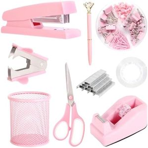 Pink Desk Accessories, Pink Office Supplies Set with Stapler, Tape Dispenser, Staple Remover, Pen Holder, Scissor, Binder/Paper Clips, Ballpoint Pen, Clear Tape and 1000pcs Staples