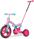 KRIDDO 4-in-1 Kids Tricycle for 1.5 to 3 Yea Old with Parent Steering Push Handle, 12 Inch Front Wheel Trike, Toddler Balance Bike for Boys Girls 18 Month to 3 Years, Adjustable Height, Pink