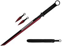 Wartech K1020-65-RD 440 Stainless Steel Full Tang Blade Ninja Hunting Machete Sword with Throwing Knives (2 Piece), 27", Red