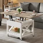 YITAHOME Lift Top Coffee Table with Wheels, Farmhouse Coffee Table Square Center Table with Storage Compartment, Rolling Coffee Table for Living Room, 2 Tier Small Coffee Table Dining Table, Grey Wash