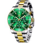 OLEVS Montre Pour Homme, Dive Gold and Green Mens Watches Waterproof Stainless Steel Wrist Watches for Men Analog Luminous Big Face Men Watches Classic Two Tone Rotatable Bezel Men's Cuff Watches