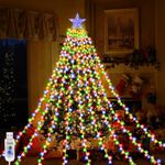 Micacorn Christmas Decorations Lights, USB , 6.6 ft 9 Strand 198 LED String Light with Topper Star, 8 Modes Waterfall Tree Lights with Remote for Xmas Wedding Party