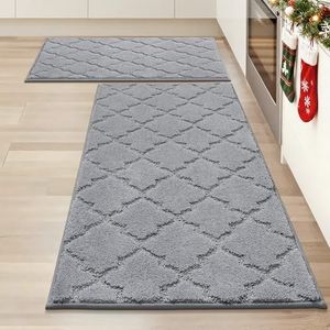 COSY HOMMER Nonslip Kitchen Rug Set 2 Pack, 51x76cm+51x122cm, 100% Polyester Absorbent Soft Kitchen Floor Mats Carpet Rug Mat Runners,Machine Washable & Anti-skid TPR Backing, Grey