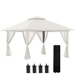 Outsunny 13' x 13' Pop Up Canopy with Mesh Sidewalls, Easy up Canopy Tent Shelter with 2-Tier Roof, Wheeled Carry Bag, Water/Sand Bag for Garden, Backyard, Patio, Lawn, Cream