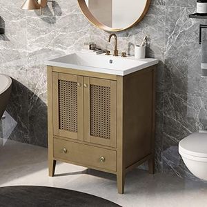 24" Bathroom Vanity with Sink, Bathroom Vanity Cabinet with Two Drawers and Door, Adjustable Shelf, Bathroom Storge Cabinet, Free Standing Single Basin Vanity Set for Bathroom Brown