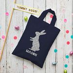 Stickerscape Personalised Grey Bunny Easter Bag (French navy bag) | Personalised child's Easter egg hunt bag | 8 colours to choose from