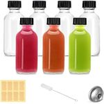 LANBEAUTIFY 2oz Small Clear Glass Bottles with Lids - 7 Pack Shot Caps for Ginger Shots, Juice, Potion, Liquids, Whiskey Mini Travel Funnels, Stickers and Brush (7Pack-Clear)