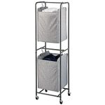 mDesign Vertical Stacked Laundry Hamper Basket with Wheels, Portable, 2 Removable Bags for Organizing Clothes, Laundry, Lights, Darks - Strong Metal Frame - Dark Gray