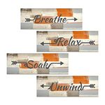 LNOND 4 Pieces Orange Abstract Bathroom Wall Art, Relax Soak Unwind Breathe Bathroom Signs Decor, Wood Hanging Bathroom Wall Art for Bathroom Spa Room (12 x 4 Inch)