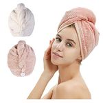 2 Pack Hair Towel Wrap,Hair Drying Towel with Button, Microfibre Hair Towel, Dry Hair Hat, Bath Hair Cap (Pink&Beige)