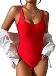 Dixperfect Women's Retro 80s/90s Inspired High Cut Low Back One Piece Swimwear Bathing Suits, Red W/ Padded Cups Removable, Large