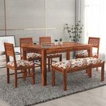 Ramdoot Furniture CNC Solid Sheesham Wood Dining Table 6 Seater | Six Seater Wooden Table with Four Chairs and 1 Bench with Flower Cushion| Dining Room Set for Restaurant | Rosewood, Honey Finish