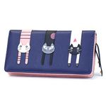 Mini Faux Leather Bifold Cute 3 Cat Zipeer Clutch Wallet Handbag for Women Girls Christmas Gifts for Kidss (Long Navy Blue)