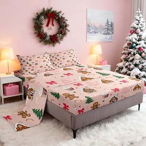 Feelyou Girls Gingerbread Man Bed Sheets Set Twin Size Cute Bow Deep Pocket Fitted Sheet Pink Christmas Bedding Sets Christmas Tree Soft Bed Set 3Pcs with 1 Pillow Cases Girly Coquette Bowknot
