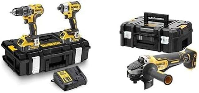 DEWALT - Kit 2 Outils avec Perceuse-Visseuse Percussion Compact DCD796 et Visseuse à Chocs DCF887, XR 18V, 5Ah & Meuleuse Brushless XR 18V 5Ah Li-Ion - Lame Ø125mm - Vitesse à Vide 9000tr/min - 1000W