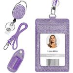 Retractable ID Badge Holder, Multipurpose Bling Rhinestone Badge Reel with Belt Clip, Shiny PU Leather Badge Holder with Lanyard and Pen Holder for Nurse, Teacher, Student, Office Worker (Purple)