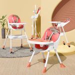 TONY STARK LATEST 5 in 1 2024 Model, Reclining Baby High Chair foldable, Dual Dining Detachable Food Tray, Height Adjustable Feeding Seat, Five Point Safety Belt, Upgraded Version with Wheels and PU Cushion Pad, Easy to Clean for Baby, Kids, Toddler (Printed Orange)