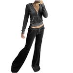 Women 2 Piece Velour Tracksuits Long Sleeve Full Zip Hoodie Cropped Jacket and Sweatpants Velvet Y2K Sweatsuit Set Black,Medium