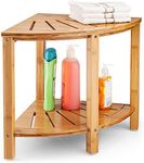 Bamboo Corner Shower Bench - Shower Stool, Shaving Stool with Non-Slip Feet - Wood 2-Tier Seat with Storage Shelf - Bathroom, Living Room, Bedroom, Garden, Seat and Organizer