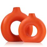 Orange Ceramics Vase for Home Decor -Burnt Orange Vase Set of 2 Circular Flowers Vase Modern Orange Decor - Home Decoration for Kitchen Table, Living Room Side Table, Fire Place or Flower Shop