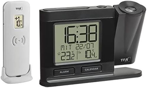 TFA Dostmann 60.5018.01 Wireless Projection Alarm Clock with Outdoor Transmitter Digital with Power Supply Projection 270° Dimmable Bedroom Clock Black (L) 149 x (W) 38 x (H) 104 mm