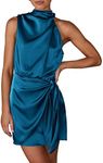 PRETTYGARDEN Women's Short Formal Satin Dress Summer Sleeveless Mock Neck Tie Waist Cocktail Party Dresses (Navy,X-Large)