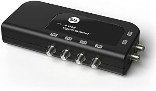 SLx TV Signal Booster Aerial Amplifier, 4 Way Signal Distribution Amplifier with F-Type Connections, 4G & 5G Filtering, Dual Inputs, Auto Line Powering, Full Output and Improved Energy Efficiency