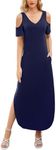 Gracyoga Women's Summer Maxi Dress Casual Loose V Neck Cold Shoulder Short Sleeve Split Long Dresses with Pockets, Darkblue, X-Large