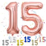 Rose Gold Number 15 Balloons, 15th Birthday Balloon, 40inch Rose Gold 15 Balloon Numbers, Large Self Inflating Foil Balloon, 15th Birthday Decorations for Birthday Party, 15 Anniversary Decorations