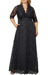 Kiyonna Women's Plus Size Maria Lace Evening Gown | Long Formal Dress with Sleeves, Onyx, XS