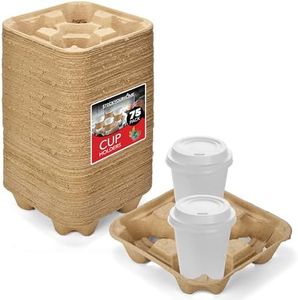 4 Cup Disposable Coffee Tray (75 Count) - Biodegradable and Compostable Cup Holder - Durable Drink Carrier for Hot or Cold Drinks, Uber Eats - to Go Coffee Cup Holder for Food Delivery Service