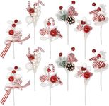 Set of 12 Christmas Red and White Picks Peppermint Candy Cane Balls Jingle Bells & Candies on Sticks 9 Inches for Xmas Vase Filler Crafts & Tree Ornament Wreath Holiday Home Party Supplies Decoration