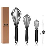 OYV Dishwasher Safe Silicone Whisk, Sealed Waterproof Design Set of 3, Professional Kitchen Whisks for Cooking Non-Scratch, Silicone & Stainless Steel Whisk, Heat Resistant Balloon Egg Beater, Black