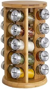 Orii 20 Jar Bamboo Spice Rack with Spices Included - Rotating Tower Organizer for Kitchen Spices and Seasonings, Free Spice Refills for 5 Years (Bamboo Wood)