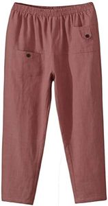 Minibee Women's Elastic Waist Casual Crop Linen Pull On Pants Wine M
