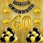 Pop The Party Black Gold 60th Birthday party Decorations With Birthday Banner, Star, Latex Balloons , Curtains and 60 Digit No. Set Of 39 Supplies