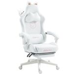 Dowinx Gaming Chair Cute with Cat Ears and Massage Lumbar Support, Ergonomic Computer Chair for Girl with Footrest and Headrest, Comfortable Reclining Game Chair 290lbs for Adult, Teen, White