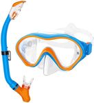 Snorkeling Gear for Kids with Foldable Silicone Full Dry Snorkel, Kids Snorkel Set Anti Leak Youth Junior Snorkeling Package Diving Mask Soft Tube with Mesh Bag Swimming Goggles, Blue+Orange